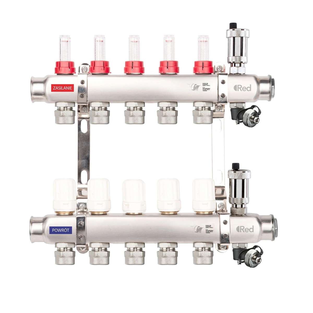 Rozdzielacz RED INOX PLUS K5O-9, zawór termostatyczny, przepływomierz, złączka do rur 16x1/2" - 9 obw.